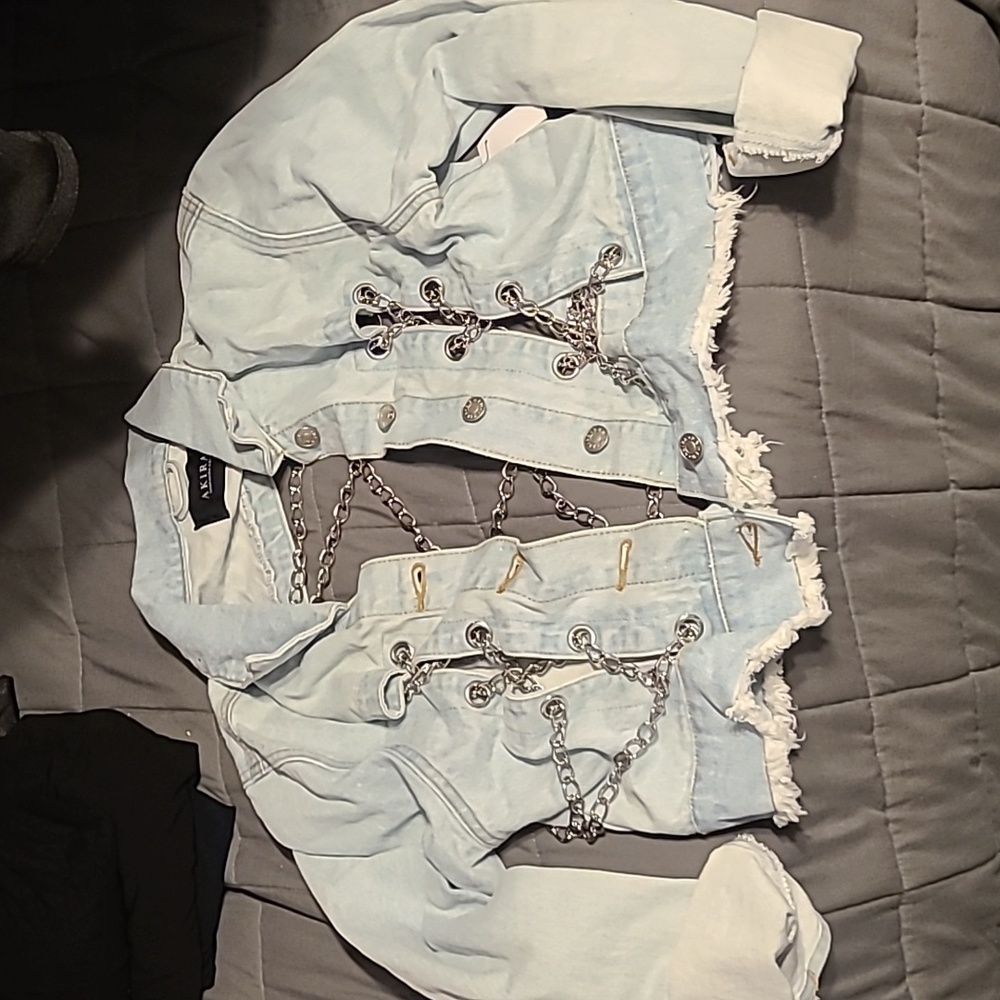 Light Blue Lace Up Chain Denim Jacket